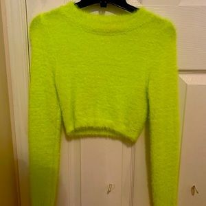 Bright yellow fuzzy long sleeve crop top